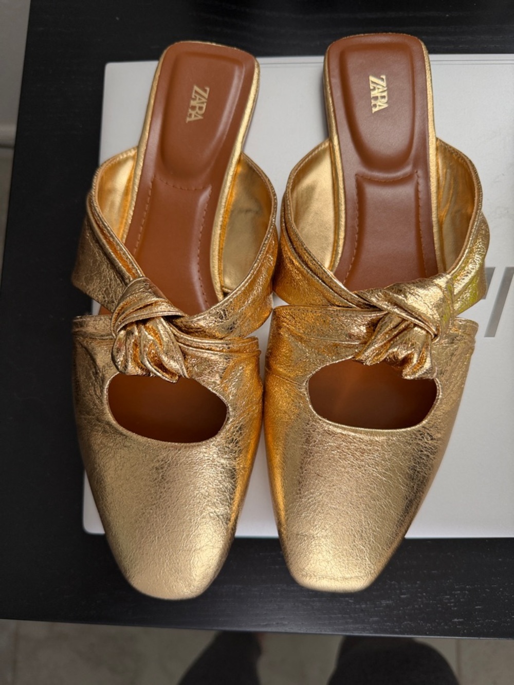 Zara Metallic Gold Knotted Slip-On Mules NEW